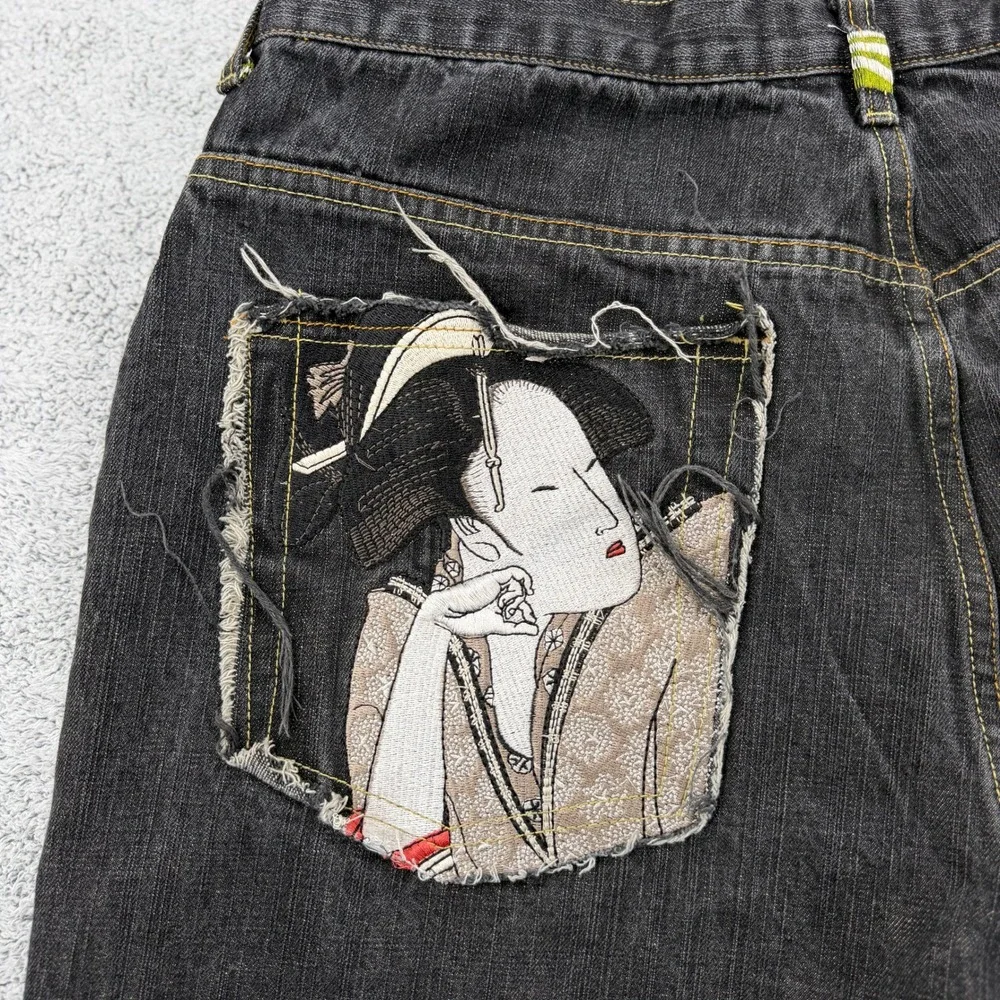 Stone Touch Jeans Mens 34 Black Denim Geisha Kimono Japanese Style Cut Off READ